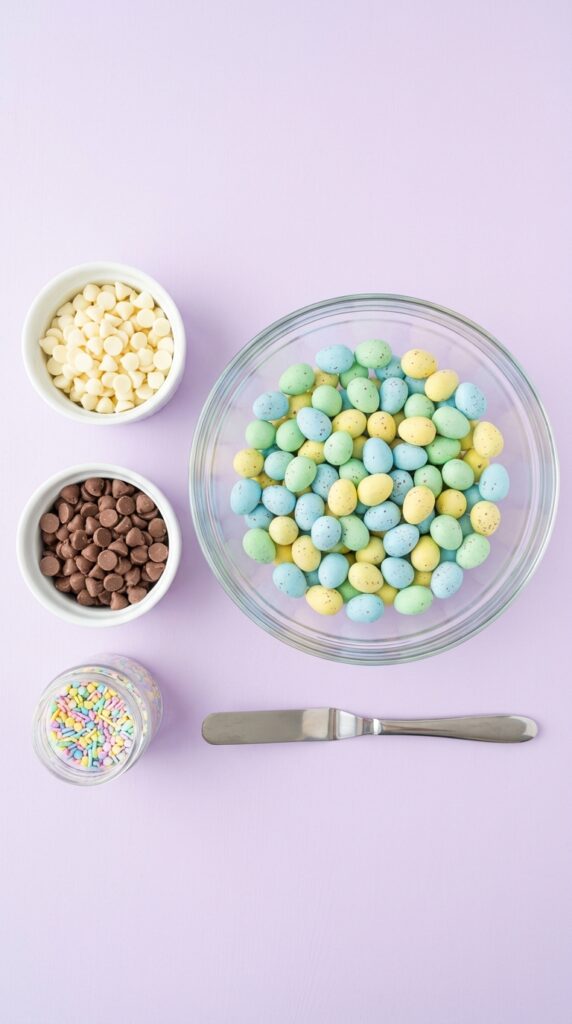 A flat lay showing bowls of pastel Robin Egg candies, white and milk chocolate chips, and sprinkles on a lavender surface.