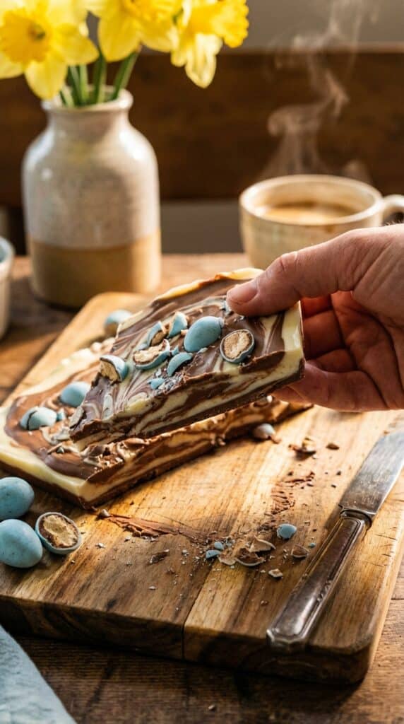 A close-up of a hand lifting a piece of marbled chocolate bark topped with a crushed blue Robin egg candy, with daffodils in the background.
