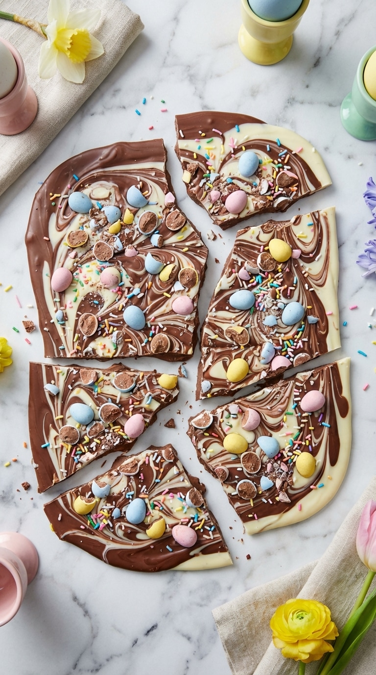 A top-down view of broken pieces of swirled milk and white chocolate bark topped with pastel speckled Robin Egg candies and sprinkles.