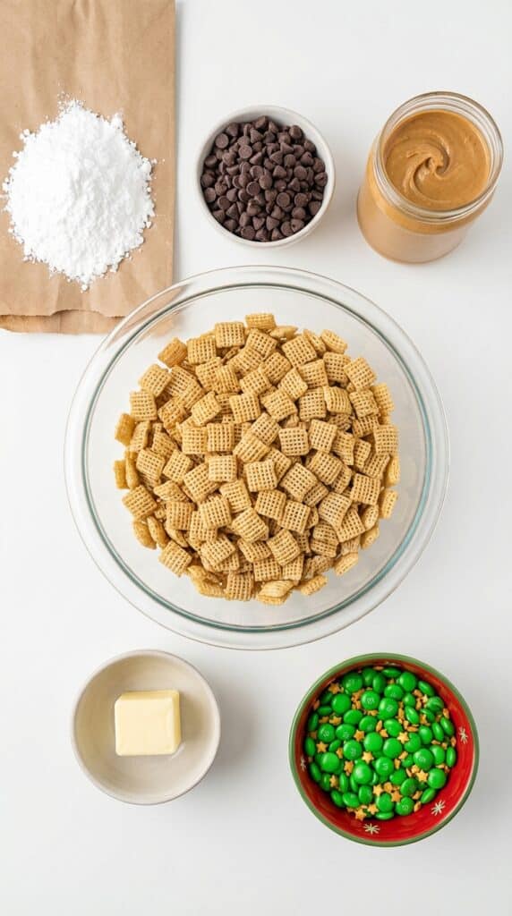 A clean, organized overhead shot visually explaining the ingredients. Showing the chocolate/peanut butter next to the plain cereal helps the viewer instantly understand how the recipe is constructed.