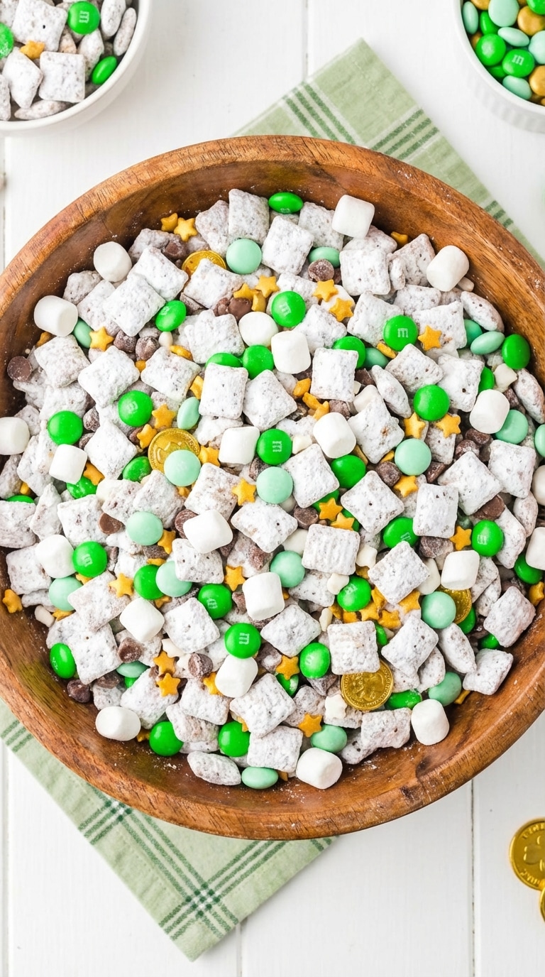 A close-up of a hand grabbing a handful of powdered sugar puppy chow with green M&Ms from a bowl.
