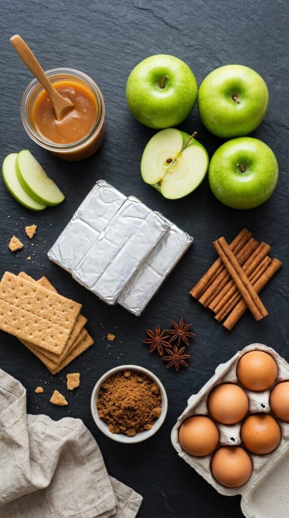 A flat lay showing green apples, caramel sauce, cream cheese, graham crackers, brown sugar, and spices on a slate board.