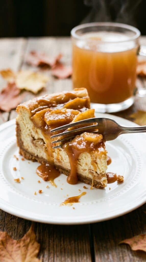 A close-up of a fork cutting into a slice of caramel apple cheesecake, with caramel dripping down the side.