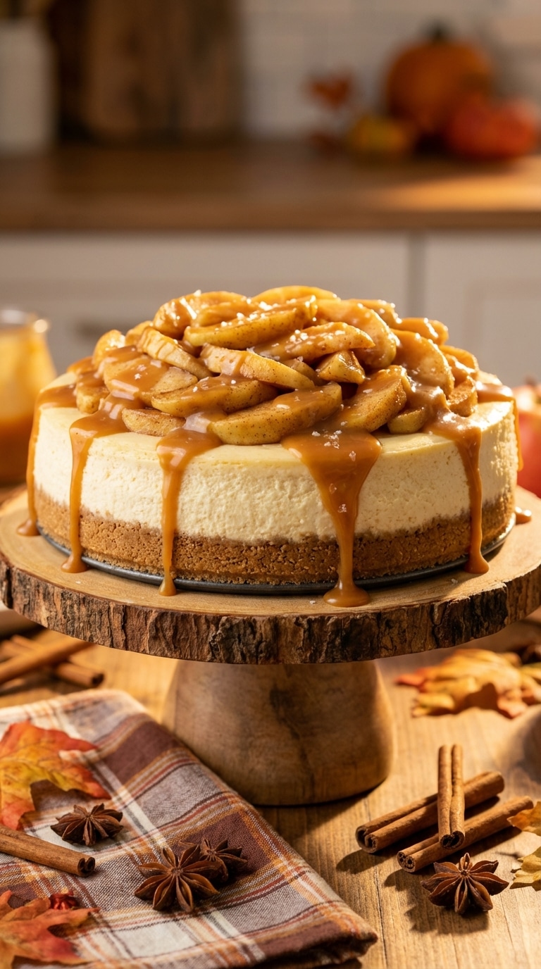 A whole cheesecake topped with cinnamon apples and dripping with salted caramel sauce on a wooden cake stand.