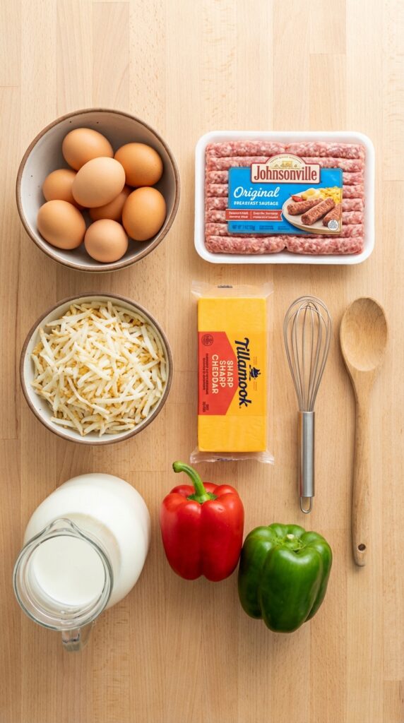 A flat lay showing farm eggs, ground sausage, shredded hashbrowns, cheddar cheese, milk, and bell peppers on a wooden board.