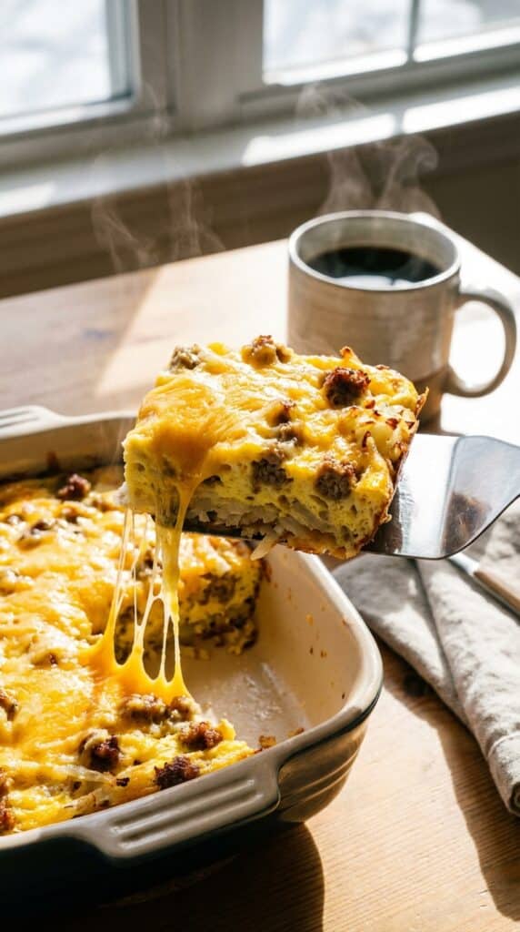 A close-up of a spatula lifting a cheesy square of breakfast casserole out of the pan, showing a cheese pull, with coffee in the background.