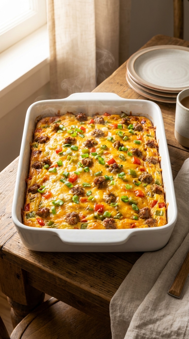 A top-down view of a 9x13 baking dish filled with baked hashbrown and sausage breakfast casserole topped with melted cheese and green onions.