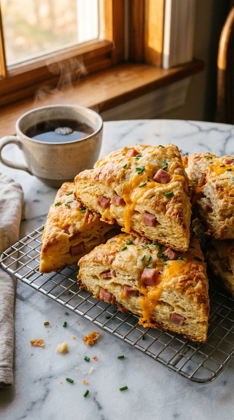 A stack of triangular golden-brown scones filled with ham, cheddar cheese, and chives on a wooden cooling rack next to a cup of tea