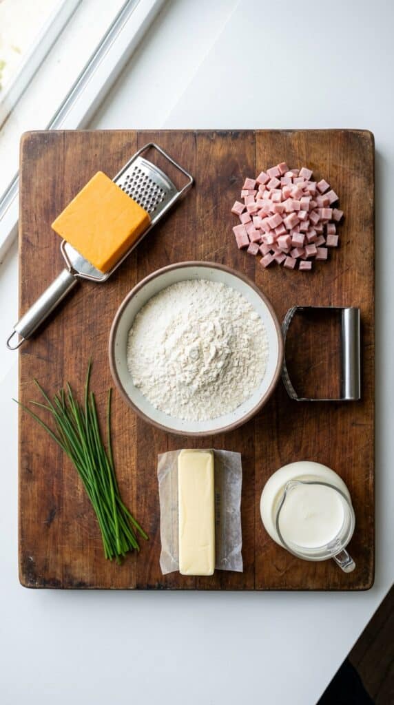 A flat lay showing flour, a block of cheddar cheese, diced ham, fresh chives, cold butter, and heavy cream on a wooden board.