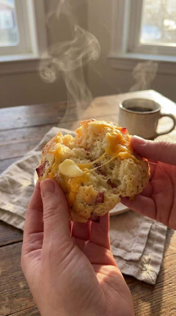 A close-up of hands pulling apart a warm ham and cheese scone, showing the steam and melted cheese inside, with butter melting on the crumb.