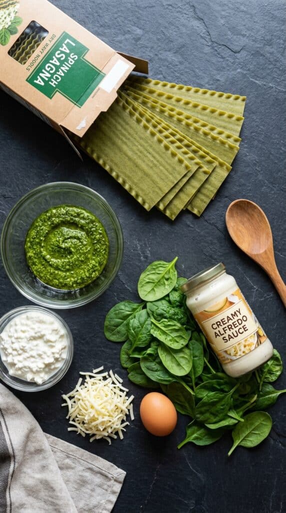 A flat lay showing green spinach lasagna noodles, pesto, cottage cheese, Alfredo sauce, fresh spinach, and mozzarella on a dark background.