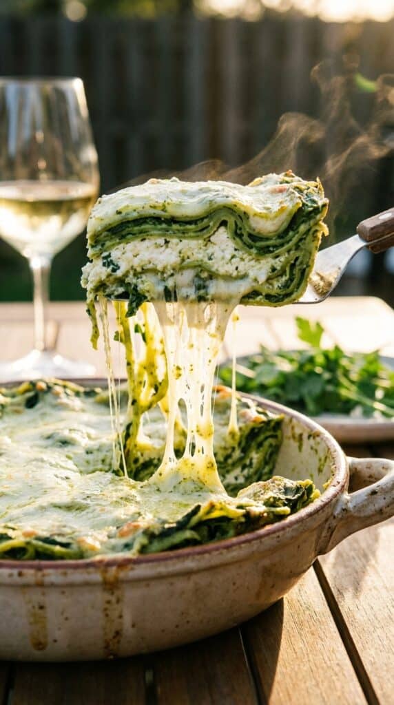 A close-up of a spatula lifting a slice of green spinach lasagna with a long stringy cheese pull, showing the distinct layers.