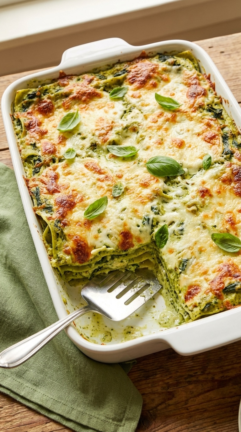 A freshly baked green spinach and pesto lasagna in a white baking dish with golden melted cheese on top.