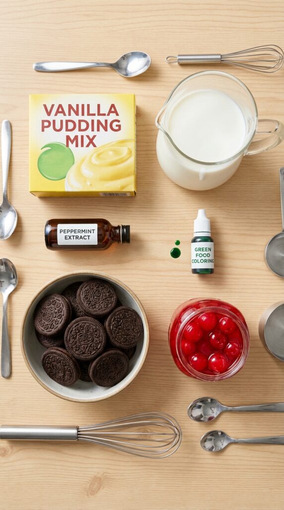 A flat lay showing vanilla pudding mix, milk, peppermint extract, green food coloring, chocolate cookies, and cherries on a wooden board.