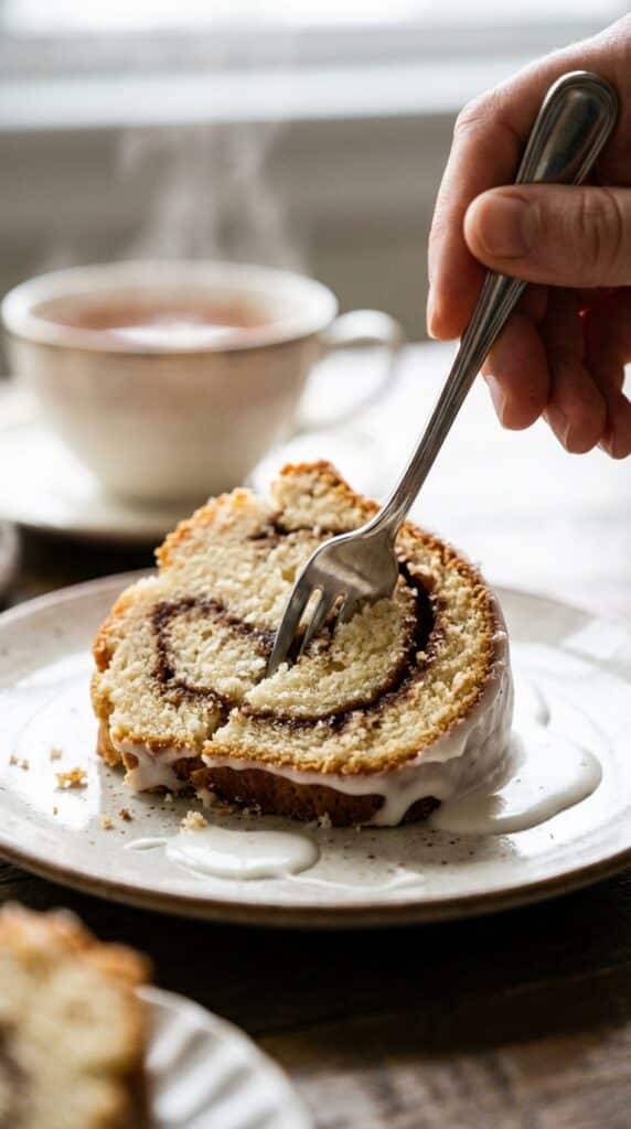 A close-up of a fork cutting into a slice of glazed snickerdoodle bundt cake, showing the dark cinnamon swirl inside.