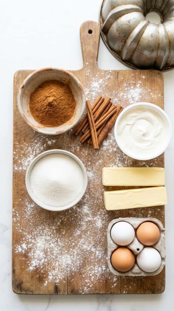 A flat lay showing ground cinnamon, butter, eggs, sour cream, sugar, and flour next to a metal bundt pan on a wooden board.