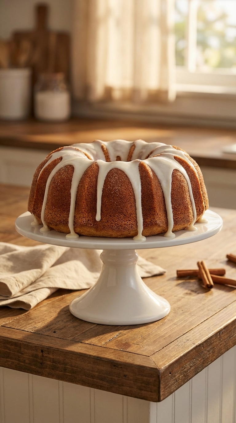 A whole fluted bundt cake coated in cinnamon sugar and drizzled with white vanilla glaze on a cake stand.