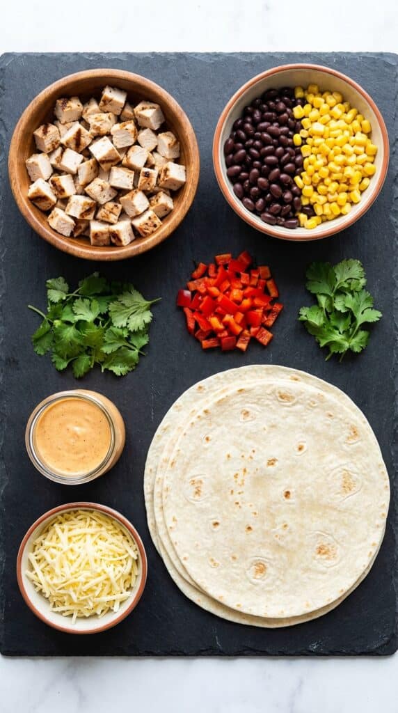 A flat lay showing diced chicken, black beans, corn, red peppers, tortillas, and creamy southwest sauce on a dark surface.