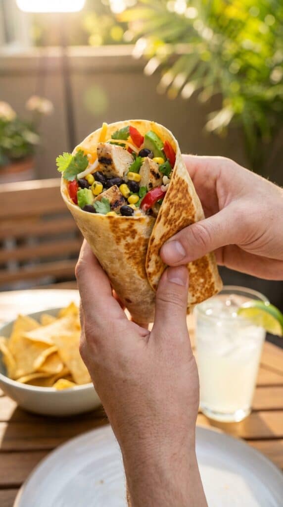 A close-up of hands holding a crispy, toasted southwest chicken wrap, with chips and salsa in the blurred background.