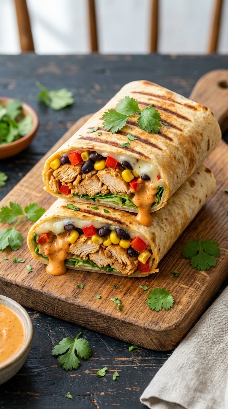 A toasted wrap cut in half, showing a colorful filling of chicken, corn, beans, peppers, and a creamy orange sauce.
