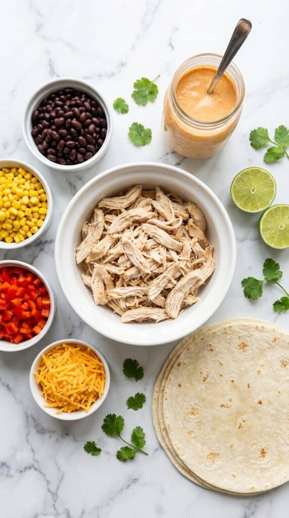 An overhead flat lay showing shredded chicken, black beans, corn, red peppers, cheese, tortillas, and creamy dressing on a marble counter.