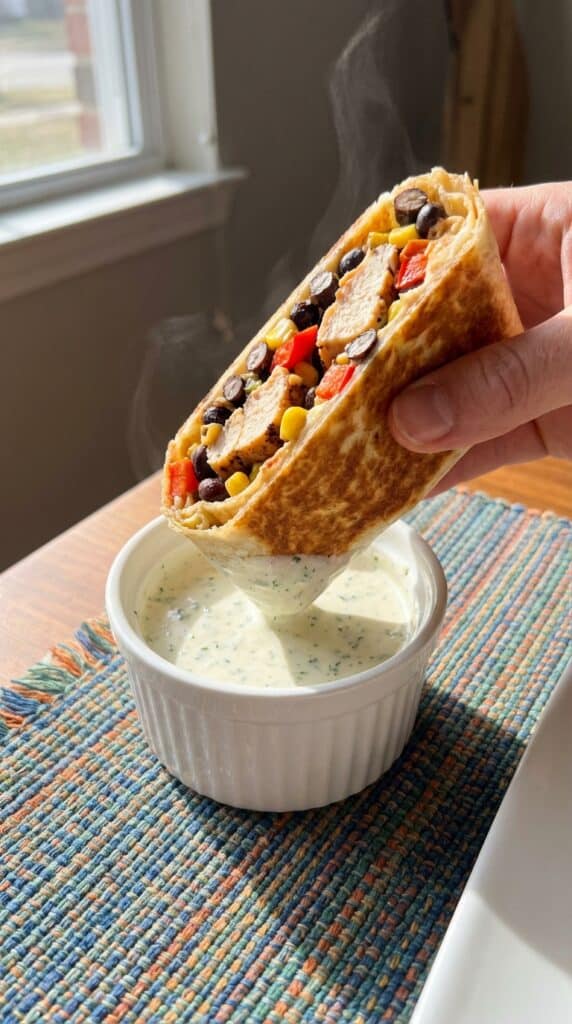 A close-up of a hand dipping a toasted Southwest chicken wrap half into a small bowl of creamy dressing.
