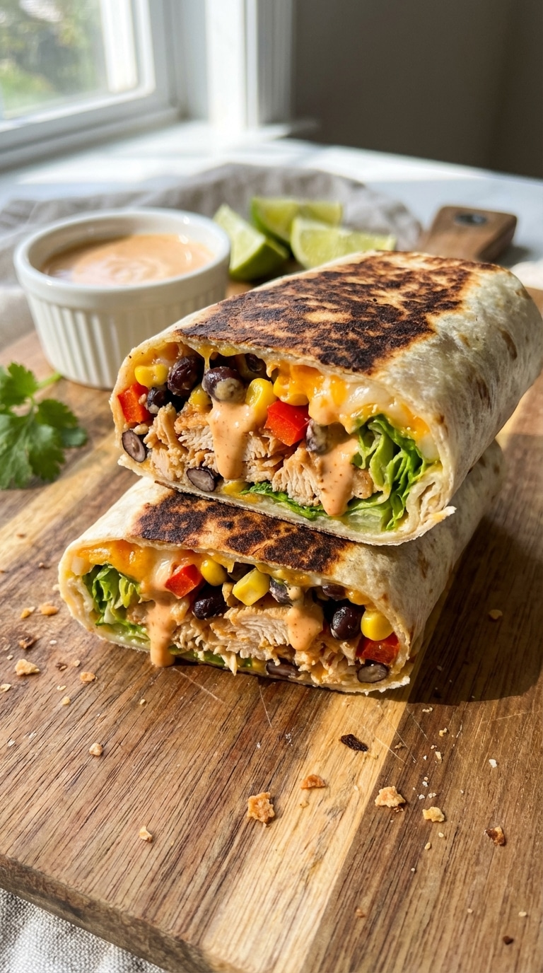 A toasted wrap cut in half, showing a colorful filling of chicken, beans, corn, peppers, and lettuce on a wooden board.