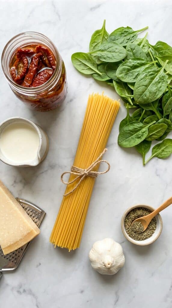 A flat lay showing dry spaghetti, a jar of sun-dried tomatoes, fresh spinach, heavy cream, garlic, and parmesan on a marble board