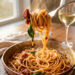 A close-up of a fork twirling steaming spaghetti coated in a creamy sun-dried tomato sauce straight from the pan.