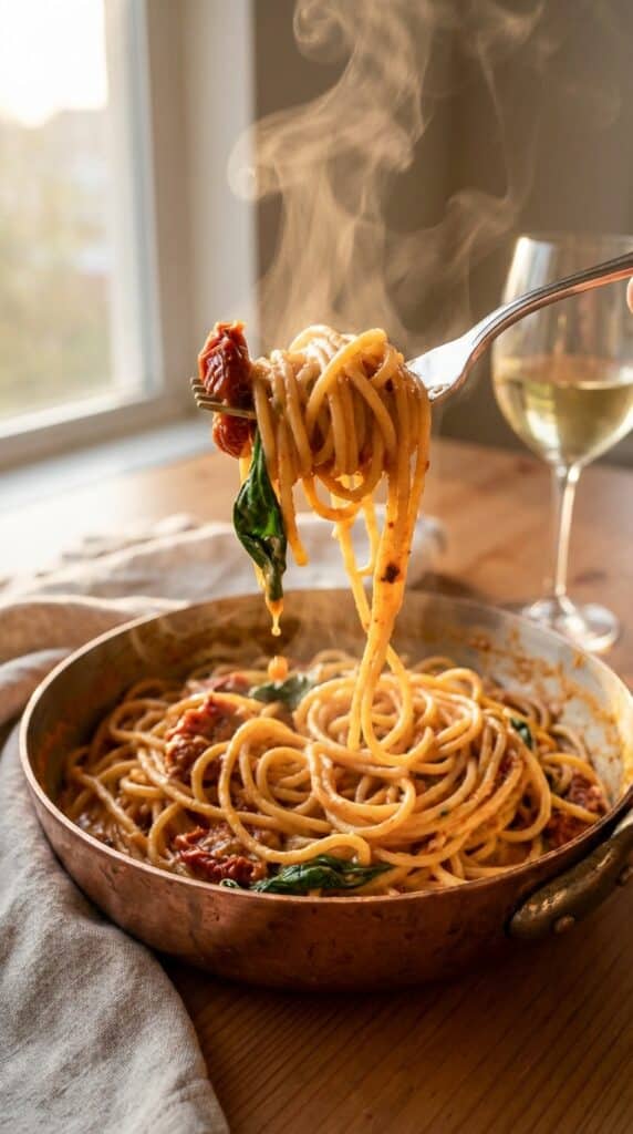A close-up of a fork twirling steaming spaghetti coated in a creamy sun-dried tomato sauce straight from the pan.