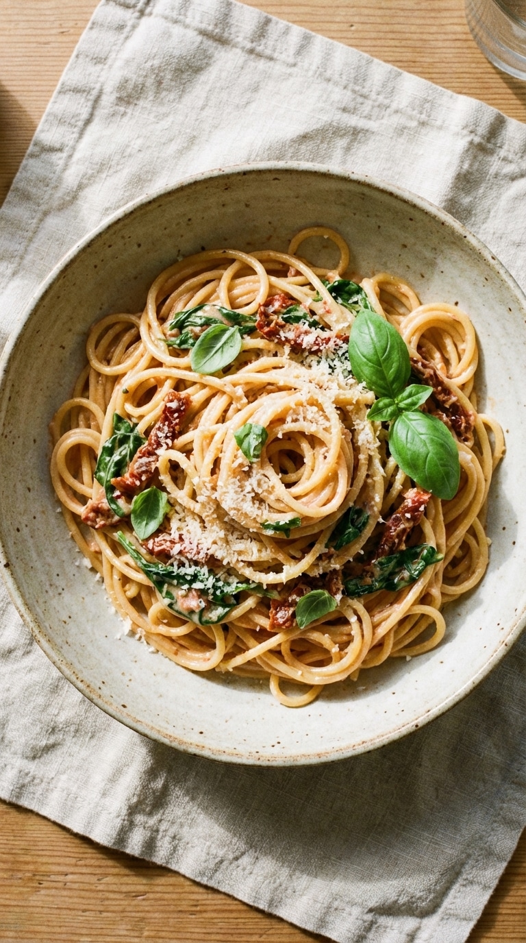 A top-down view of a ceramic bowl filled with creamy spaghetti, sun-dried tomatoes, and fresh spinach, garnished with basil.