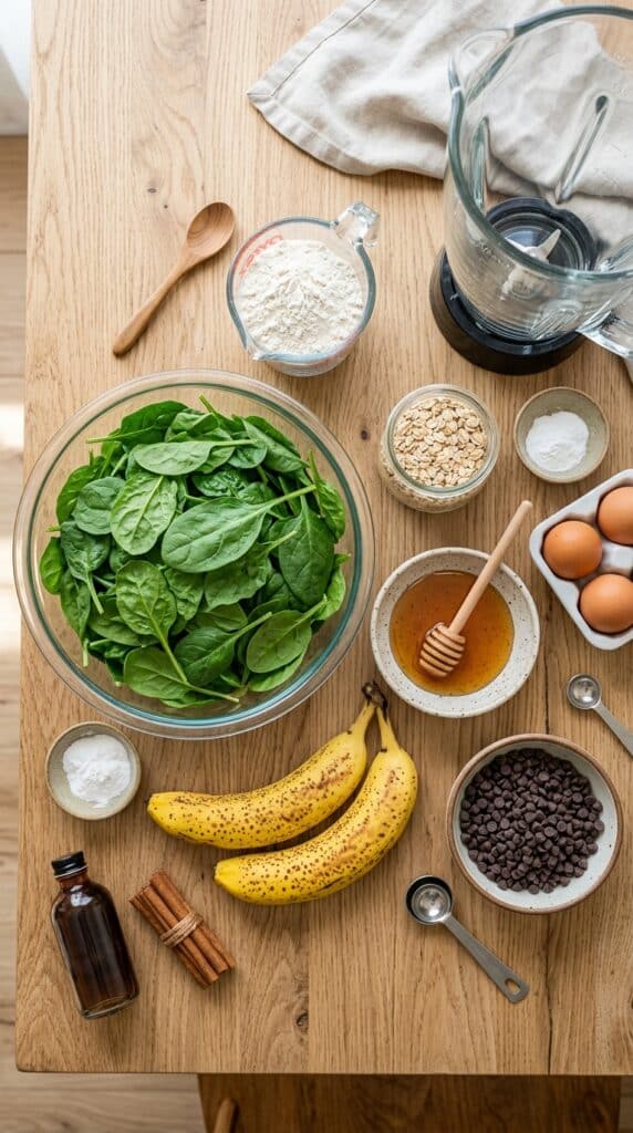 A flat lay showing fresh baby spinach, ripe bananas, honey, eggs, flour, and mini chocolate chips on a wooden table.