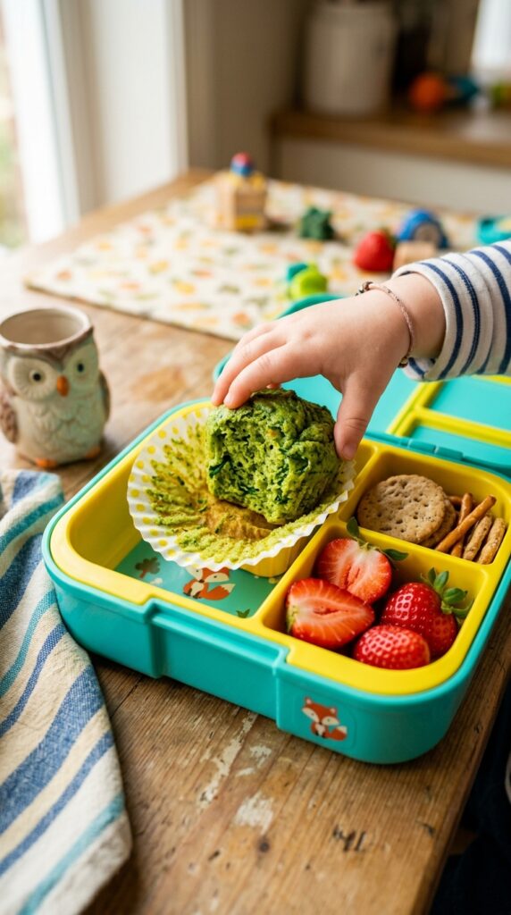 A kid's hand reaching for a bright green spinach muffin packed inside a colorful bento lunchbox with strawberries.