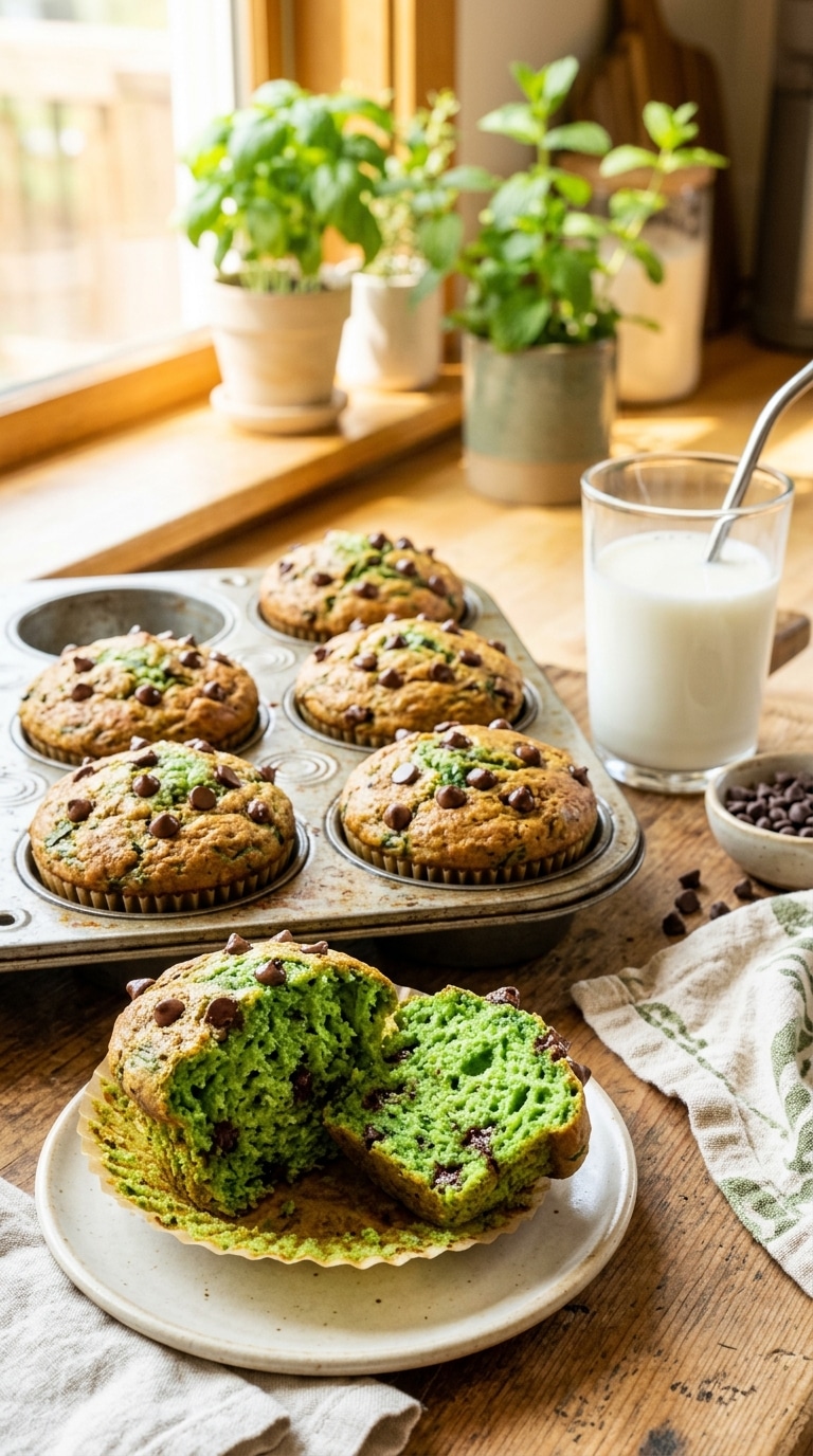 A tray of baked muffins with one broken open in the front to show a bright green, fluffy interior with mini chocolate chips.
