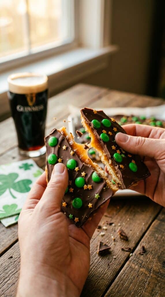 A close-up of hands breaking a piece of St. Patrick's Day chocolate toffee bark in half.