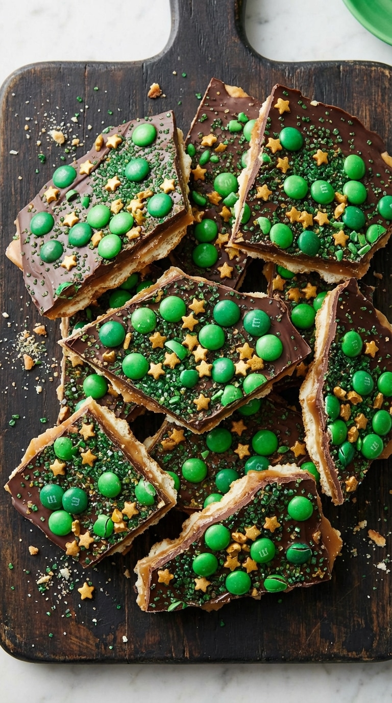 Broken pieces of chocolate toffee bark topped with green M&Ms and gold sprinkles on a wooden board.