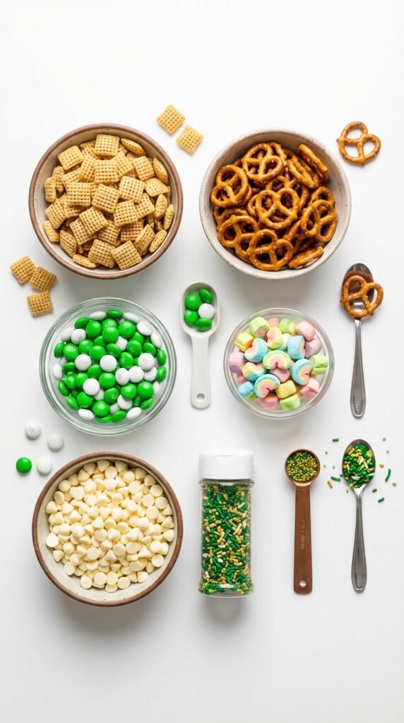 A flat lay showing bowls of square cereal, pretzels, green candies, rainbow marshmallows, and white chocolate chips on a white background.