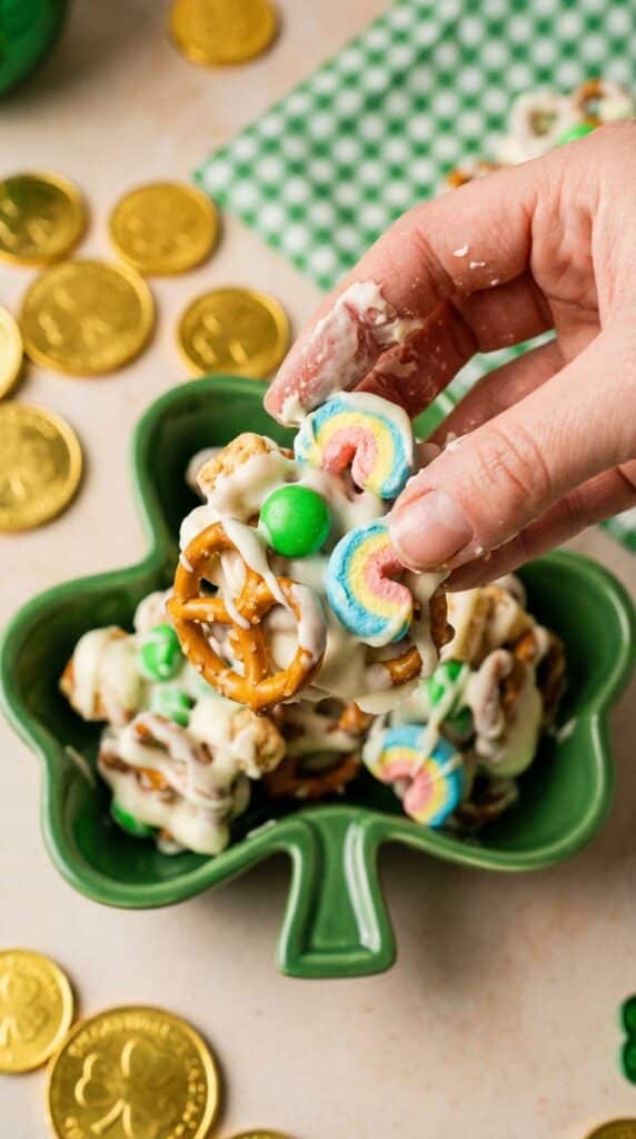A close-up of a hand grabbing a handful of white chocolate coated St. Patrick's Day snack mix from a green bowl.