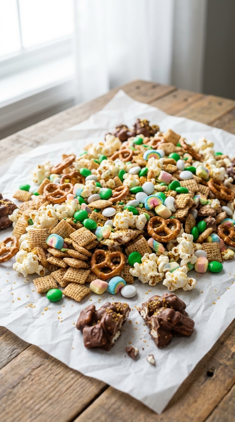 A pile of St. Patrick's day snack mix made of cereal, pretzels, marshmallows, and green candies coated in white chocolate on parchment paper.