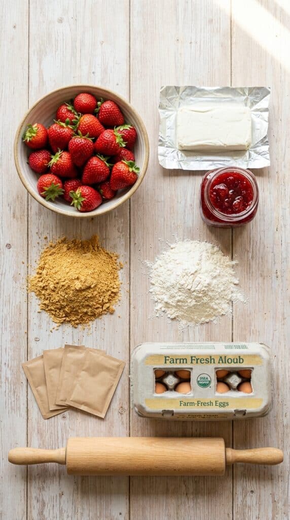 A flat lay showing fresh strawberries, cream cheese, strawberry jam, flour, graham crackers, yeast, and eggs on a wooden board.