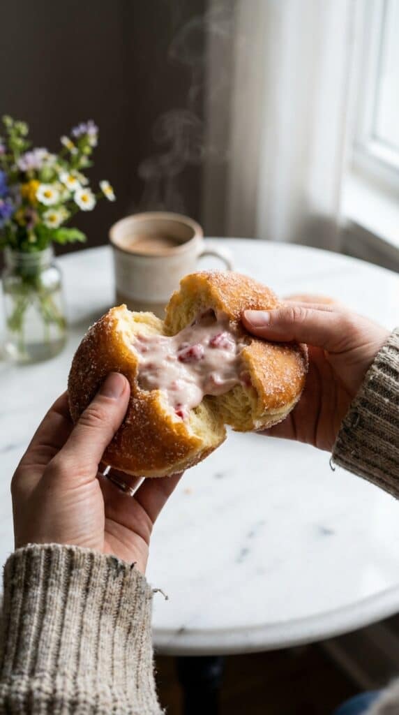A close-up of hands pulling apart a sugar-coated donut, revealing a thick, creamy pink strawberry filling inside.