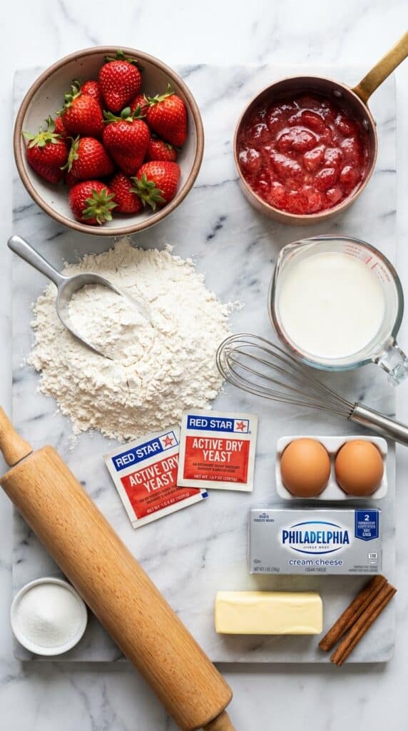 A flat lay showing fresh strawberries, strawberry jam, flour, milk, yeast, cream cheese, and a rolling pin on a marble surface.