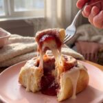 A close-up of a fork pulling apart a warm, fluffy strawberry cinnamon roll, revealing a gooey red fruit center and dripping frosting.