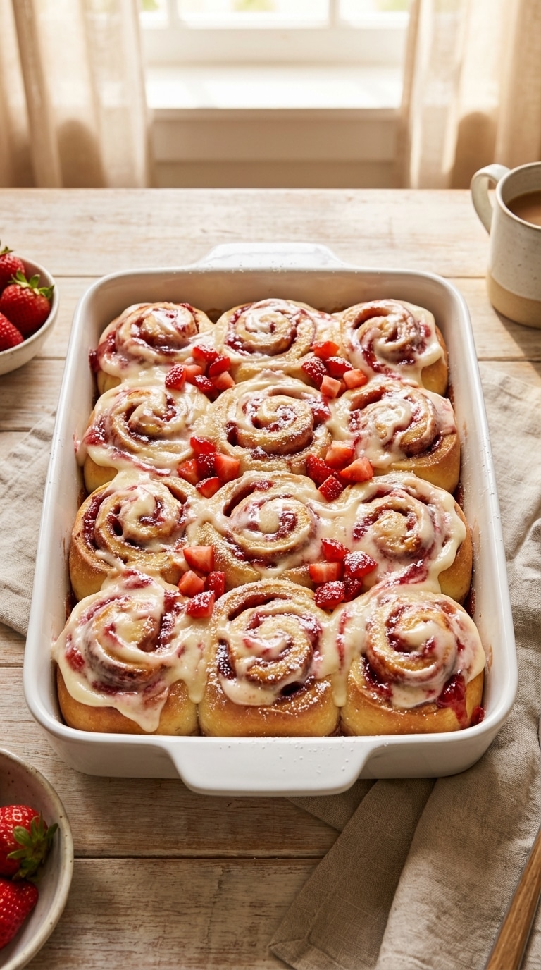 A white baking dish filled with soft, frosted cinnamon rolls swirled with bright red strawberry jam, topped with fresh strawberries.