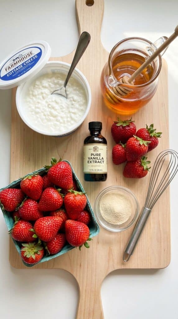 A flat lay showing a tub of cottage cheese, fresh strawberries, honey, and vanilla extract on a light wooden board.