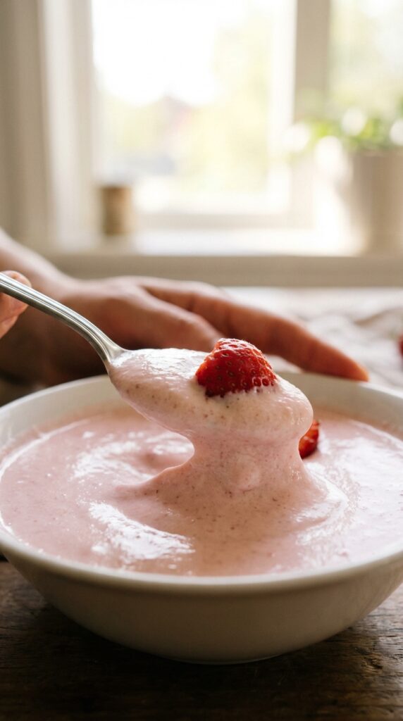 A close-up of a silver spoon lifting a thick, creamy dollop of pink strawberry mousse with a piece of fresh fruit.