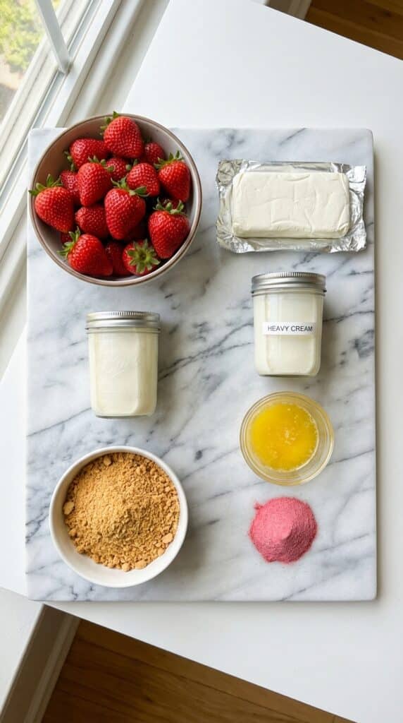 An overhead view showing Golden Oreos, strawberry powder, cream cheese, fresh strawberries, and heavy cream arranged on a marble counter