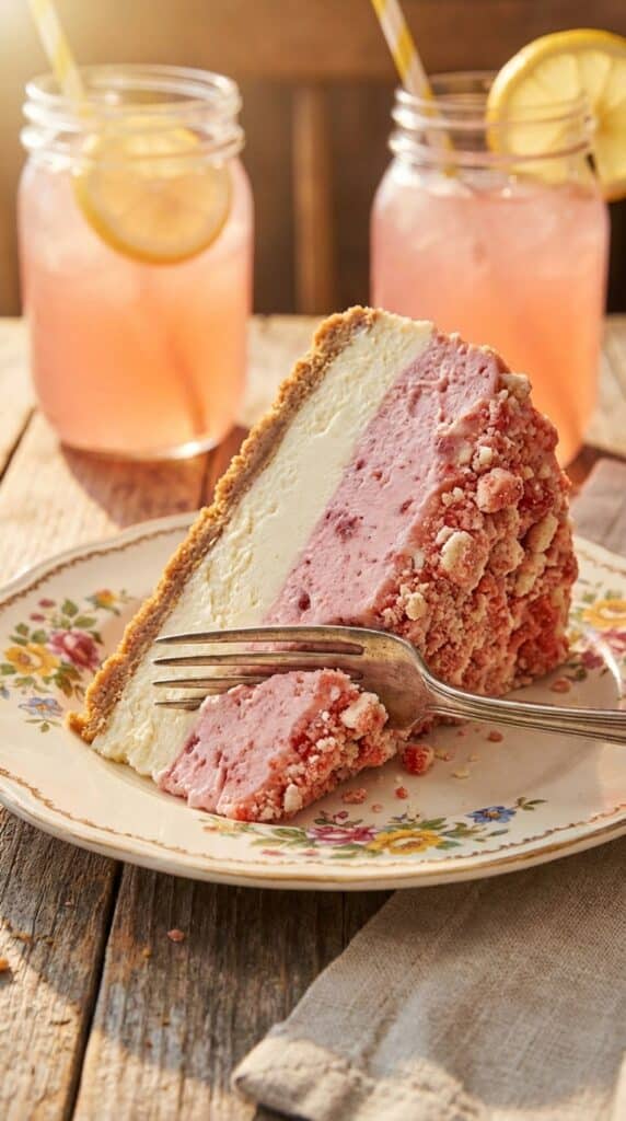 A close-up of a slice of layered pink and white strawberry cheesecake on a plate with a fork cutting into the creamy filling, showing the thick crumb coating on the back.