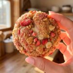 A stack of four thick, chewy pink strawberry crunch cookies on a cooling rack with fresh strawberries nearby.