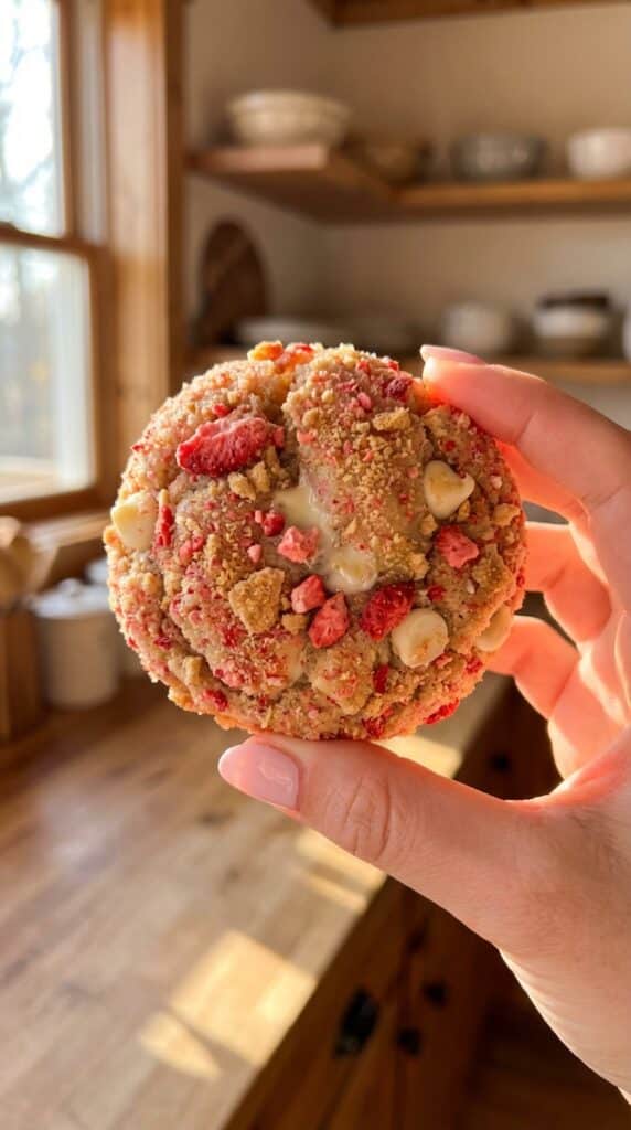 A stack of four thick, chewy pink strawberry crunch cookies on a cooling rack with fresh strawberries nearby.